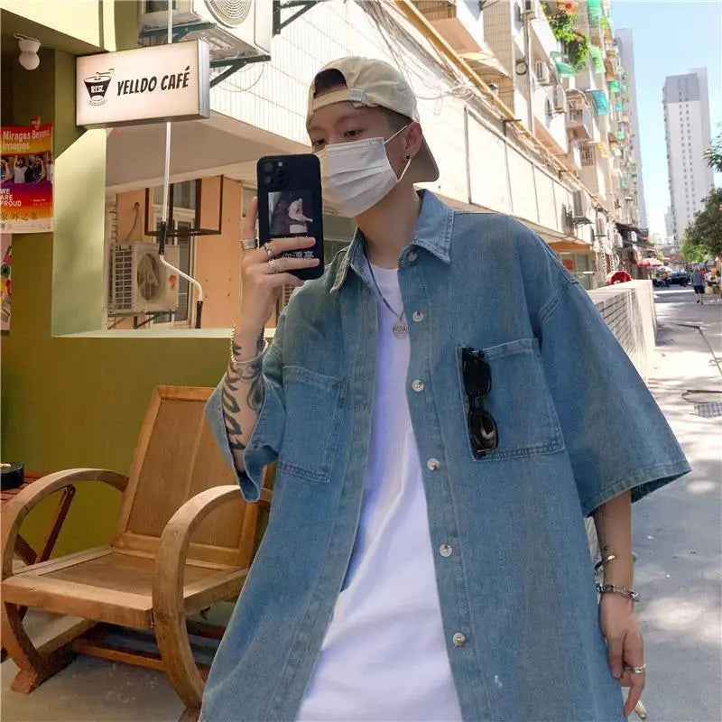 Men's Loose Fit Short Sleeve Denim Shirt Thin Summer Fashion Hong Kong Style Seven Sleeve Outerwear Trendy Casual Shirt