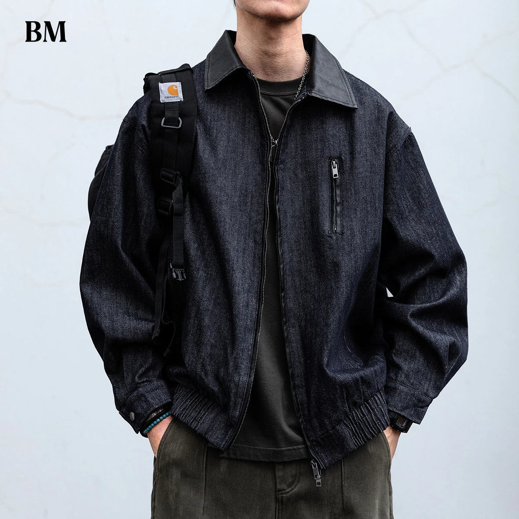 Mens Denim Jacket American Vintage Washed Raw Blue Loose Fit Streetwear Casual Workwear Relaxed Fit Urban Fashion High Quality