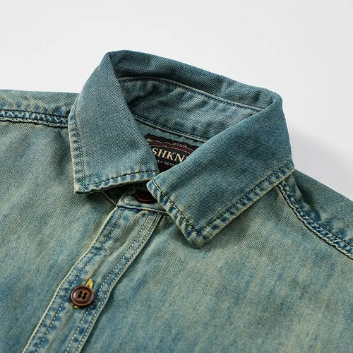 Men Summer Denim Thin Shirt Short Sleeve Soft Cotton Pockets Slim Slight Elastic Jeans Cowboy Shirt Clothing 2025 Vintage Loose
