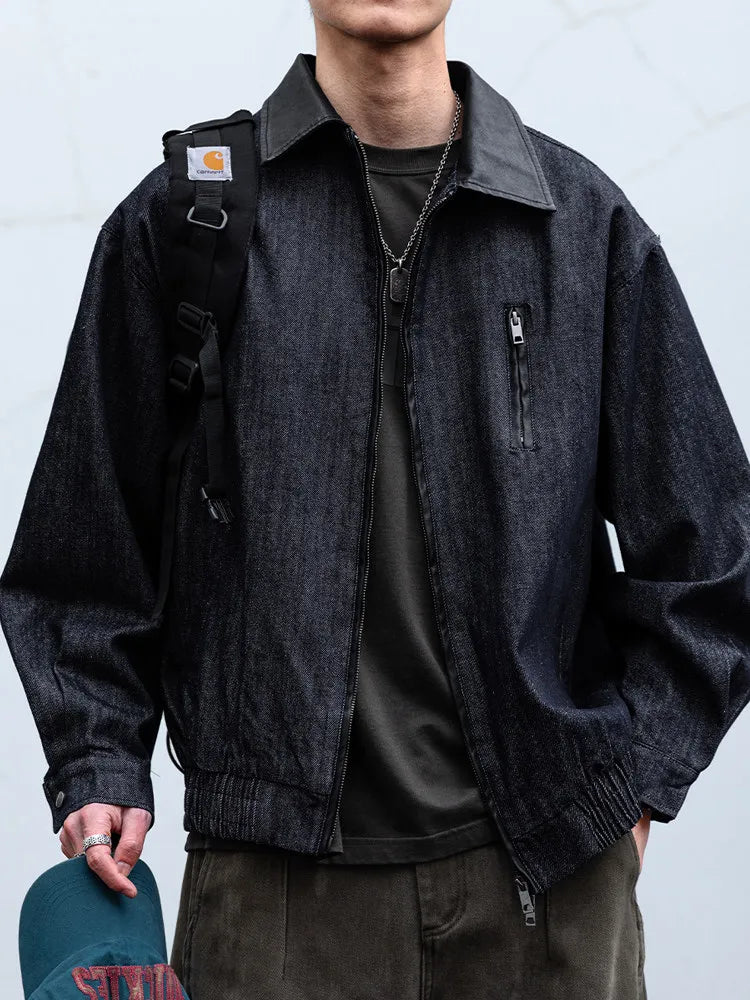 Mens Denim Jacket American Vintage Washed Raw Blue Loose Fit Streetwear Casual Workwear Relaxed Fit Urban Fashion High Quality