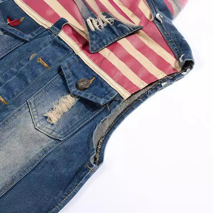 Men's Blue Sleeveless Distressed Vest Jacket for Fall 2026; Single-breasted Lapel Denim Coat for Spring/Summer; Asian Sizes 6XL.