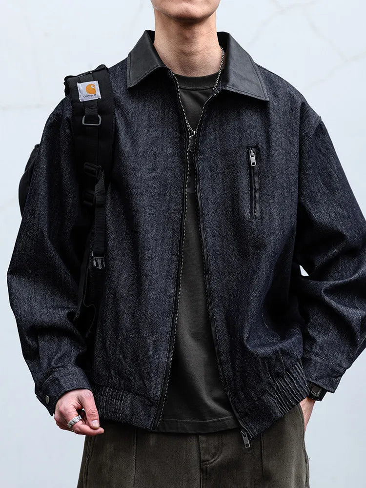 Mens Denim Jacket American Vintage Washed Raw Blue Loose Fit Streetwear Casual Workwear Relaxed Fit Urban Fashion High Quality