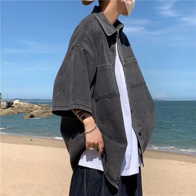 Men's Loose Fit Short Sleeve Denim Shirt Thin Summer Fashion Hong Kong Style Seven Sleeve Outerwear Trendy Casual Shirt