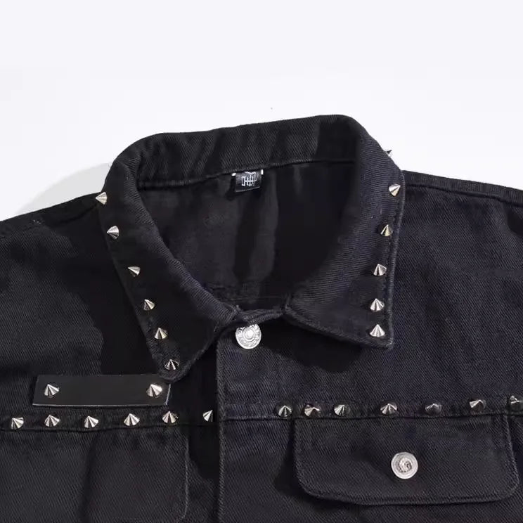 Men's Black Sleeveless Ripped Vest Coat for Fall, with Studded Detailing and A Single-breasted Lapel Denim Jacket.Asian Sizes