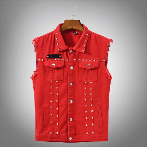 2026 Spring Fashion Men Red Denim Vest Rivets Studded Sleeveless Jacket Men Casual Waistcoat Cotton Cowboy Hip Hop Streetwear