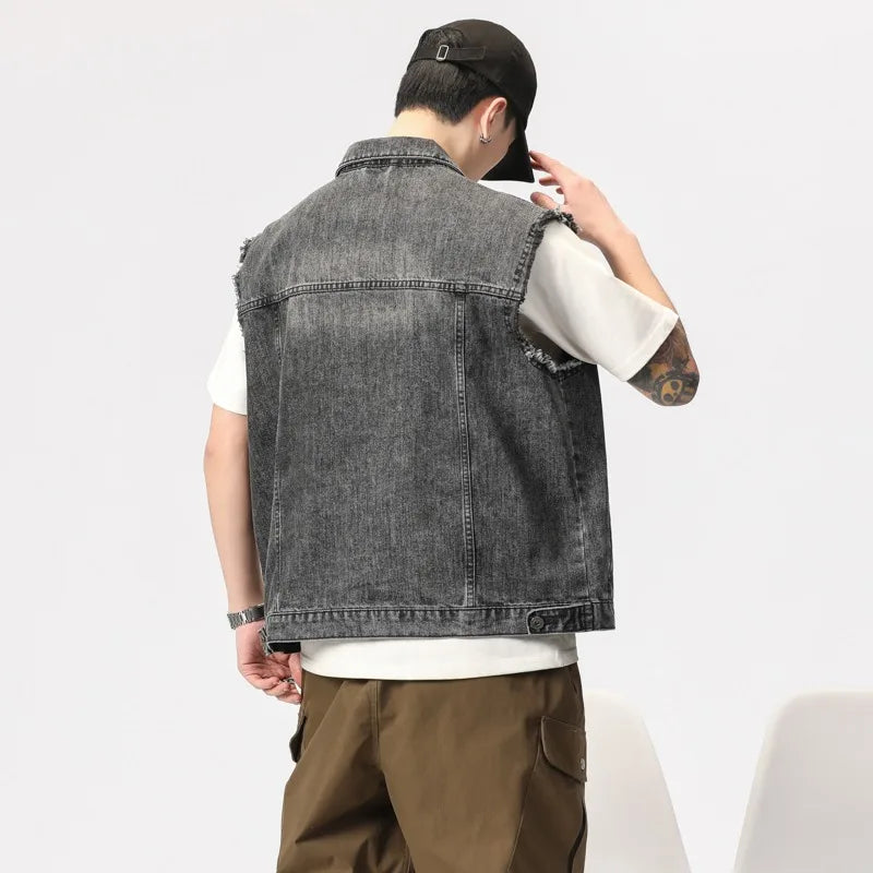 Men's American Vintage Denim Vest, 2026 New Summer Loose Sleeveless Vests, Washed Vintage Workwear Vest Jacket