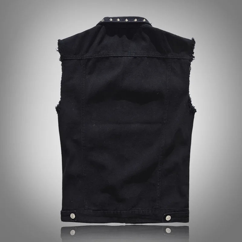 Men's Black Sleeveless Ripped Vest Coat for Fall, with Studded Detailing and A Single-breasted Lapel Denim Jacket.Asian Sizes